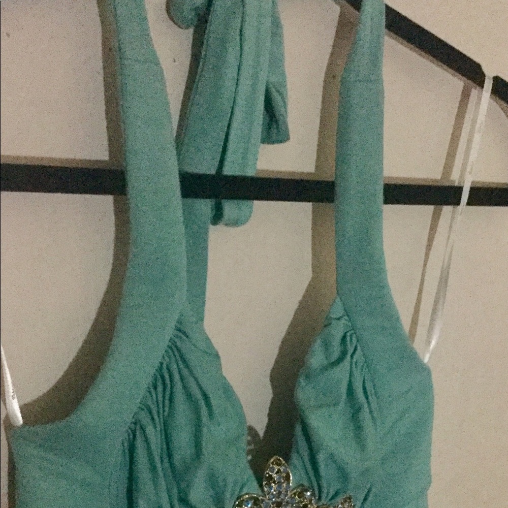 Y2K Designer Sky brand romantic sky blue crystal fleurdelis halterdress- XS/0-2 - Picture 4 of 8